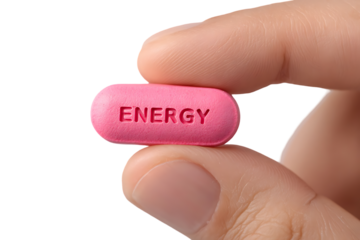 Pink pill with the word 'ENERGY' imprinted on it, held between two fingers.