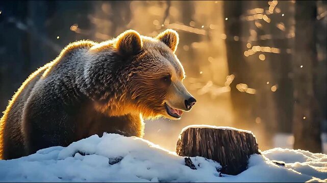A majestic brown bear in a snowy forest bathed in golden sunlight.