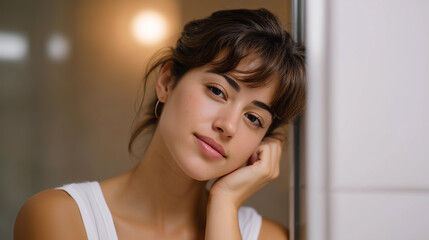 Fototapeta premium Portrait Of A Thoughtful Woman With Brown Hair And Natural Makeup