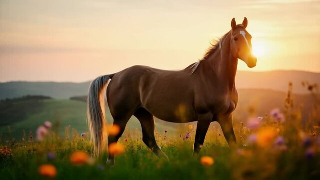 A tan horse walking through a field of flowers at sunset with hills in the background view animal video