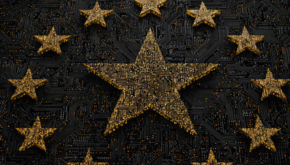 Golden Stars on Digital Circuit Board Background - Technology and Excellence
