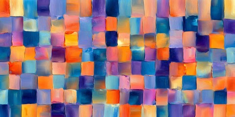 Colorful square pattern abstract painting with vibrant geometric blocks

