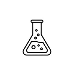 Detailed simple black line icon illustration showing a conical laboratory flask containing bubbling liquid, concept for illustrating science exploration experiments medical research applications