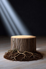 Tree Stump Podium with Roots and Light Beam for Product Display