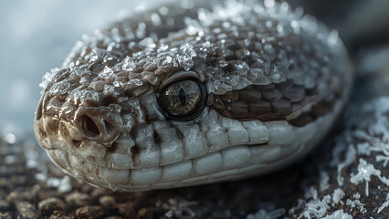 Fototapeta premium Icy Close Up of a Snake Head with Winter Frost Brown Gray Color Detail