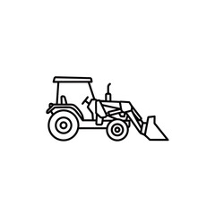 Minimalist black line art depicting a tractor equipped with a heavy-duty front loader scoop, concept for illustrating industrial design, representing heavy agriculture equipment, and visualizing