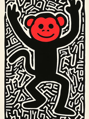 Fototapeta premium A vibrant pop art illustration featuring a smiling monkey, set against a dynamic abstract pattern.
