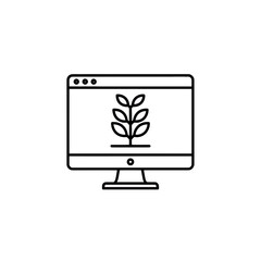 Minimalist line icon of a computer screen showing a growing seedling or plant on a clean white background, concept for sustainable technology, environmental monitoring, digital agriculture
