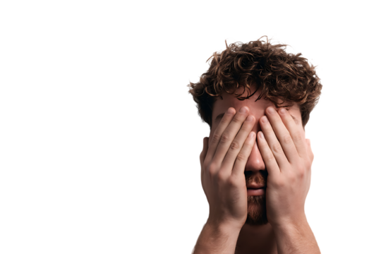 Man covering his eyes with hands, feeling stressed or overwhelmed.