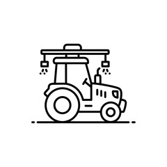 Naklejka premium Minimalist black and white vector outline icon depicting an agricultural tractor equipped with a spraying attachment, concept for farming technology illustrations, modern agricultural applications