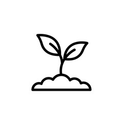 Minimalist outline icon showing tiny plant seedling with two leaves growing from fertile soil, concept for business growth presentations, environmental awareness campaigns and startup branding