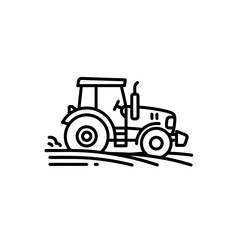 Fototapeta premium Monochrome line art illustration shows a working farm tractor silhouette moving over field lines, concept for agriculture company logos, farming equipment dealer advertisements, and sustainable