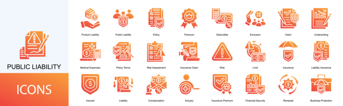 public liability icon collection set. Containing Product Liability, Policy, Premium, Deductible, Exclusion, Claim, Underwriting icon