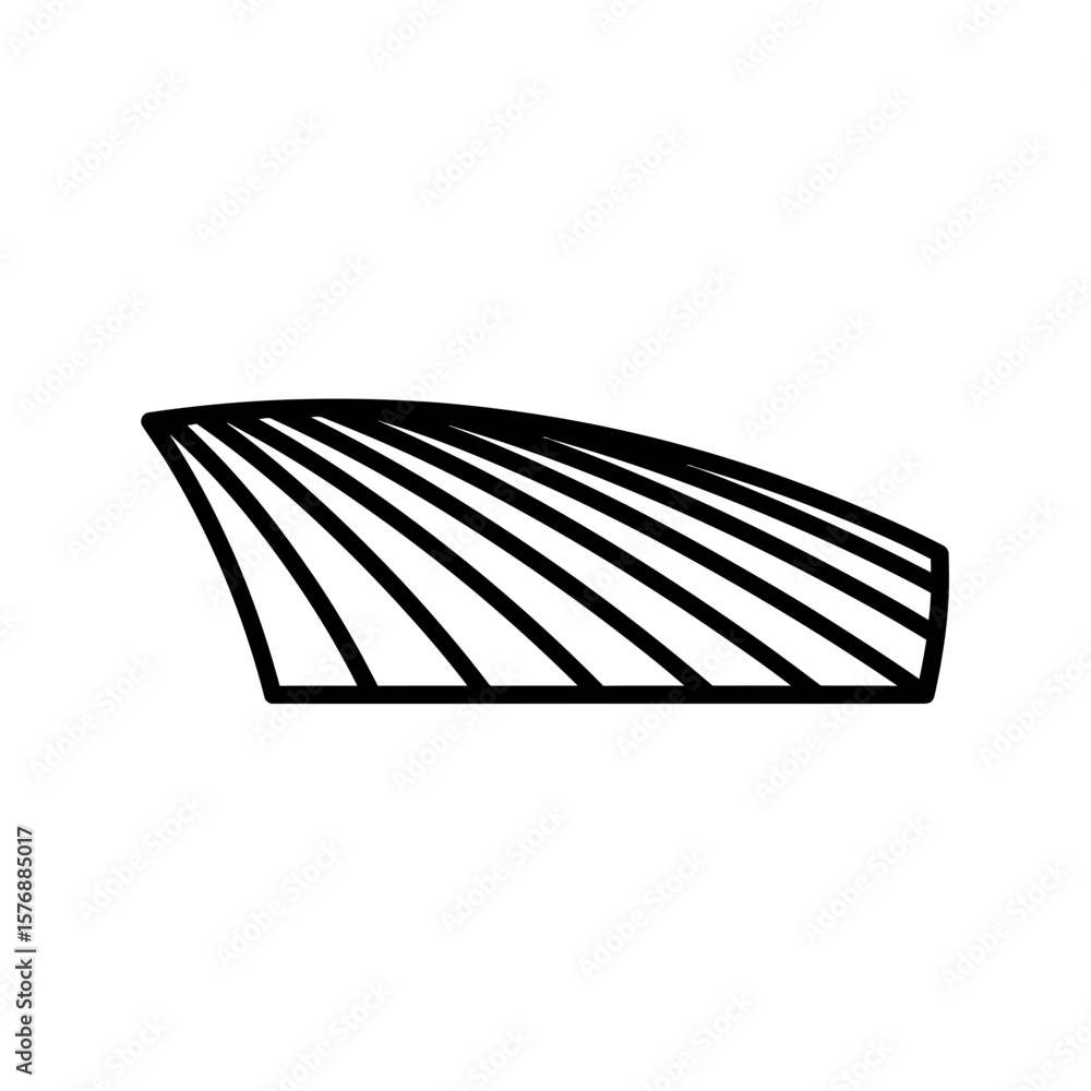 Poster clean black outline drawing of a dynamic, curved form with multiple parallel lines inside on white, 