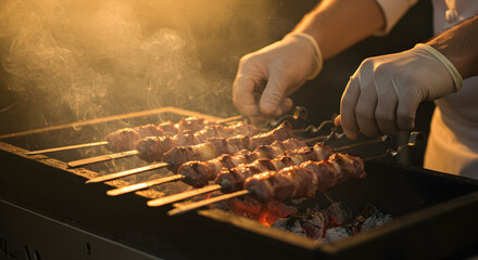 Hands in Gloves Grilling Meat Skewers on BBQ. Delicious Kebab Cooking Over Hot Coals with Smoke and Warm Light.