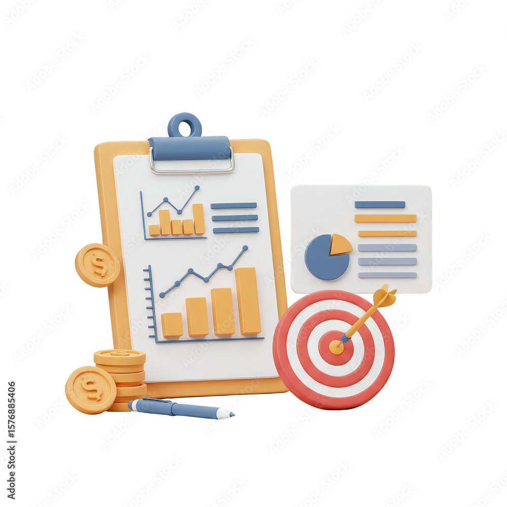 Poster 3d clipboard business report with chart and arrow on transparent background