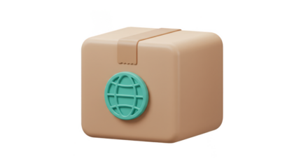 3D Global Delivery Parcel Brown Box Globe Shipping with Transparent Background