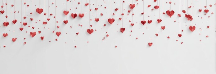Fototapeta premium Red paper hearts dangle from strings against a white backdrop; some hearts are falling