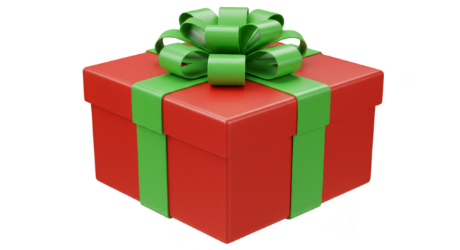 3D Gift Box with Green Bow Red Package Isolated Transparent