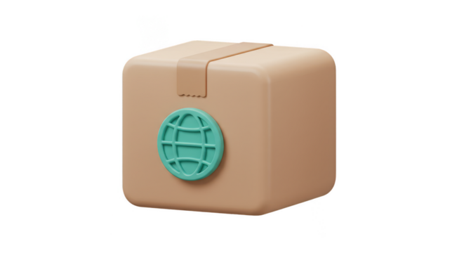 3D Global Delivery Parcel Brown Box Globe Shipping with Transparent Background