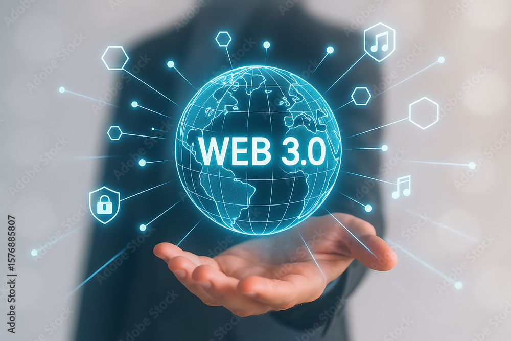Poster web 3.0 technology concept with digital earth globe held by hand connected to music blockchain inter