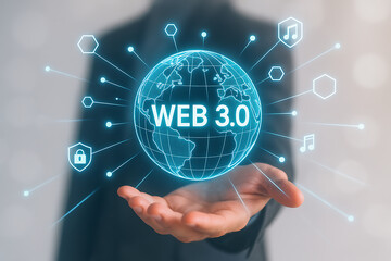 Web 3.0 technology concept with digital earth globe held by hand connected to music blockchain internet privacy and decentralized communication in futuristic style