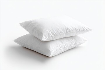 Obraz premium Two pristine white pillows stacked, subtly wrinkled, against a bright white background