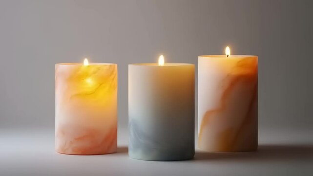 Three decorative candles with soft flames, set against a minimalist background, creating a serene ambiance
