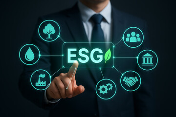 Esg environmental social governance digital interface with icons representing ethics people nature policy innovation sustainability and finance in holographic business visualization