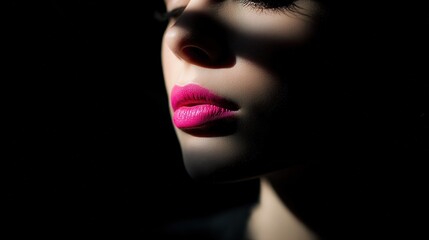 A model with bright pink lips, half-shadowed face, exuding elegance and mystery in dramatic lighting.
