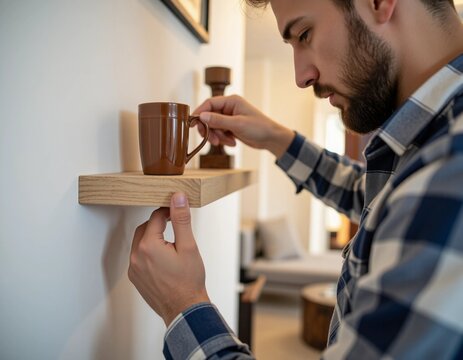 Young man decorating his home, carefully placing a mug on a modern floating shelf.