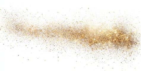 A horizontal streak of shimmering gold dust and glitter against a stark white background, varying in density and brightness