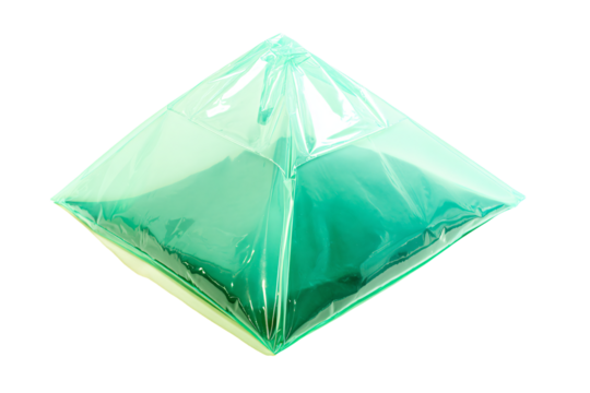a green plastic pyramid with a white background