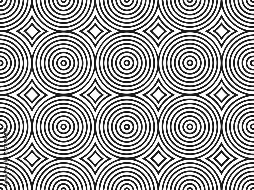 Poster seamless black and white geometric pattern of concentric circles and diamond shapes repeating for ba