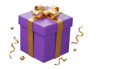 3D Gift Box with Purple Wrapping and Golden Ribbon on Transparent Background