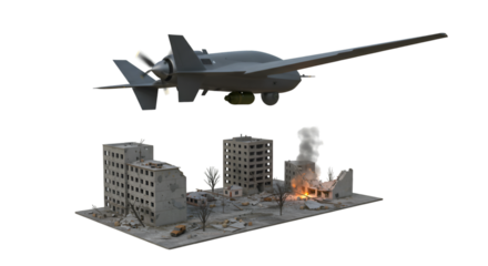 3D Illustration of Drone Strikes in City with Fire and Destruction