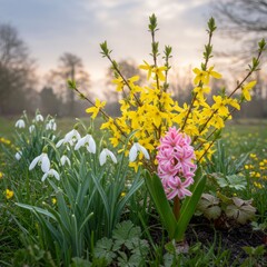 Fototapeta premium Pink Hyacinth and Yellow Forsythia Blooms in Spring Garden