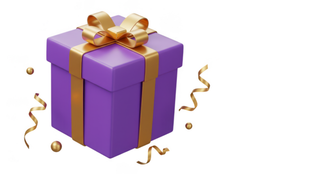 3D Gift Box with Purple Wrapping and Golden Ribbon on Transparent Background