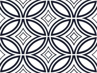 Elegant geometric black and white seamless pattern design with stylized oval shapes for various applications.