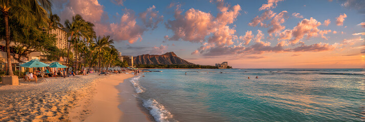 Tranquil Sunset Over Waikiki Beach with Diamond Head in the Background
