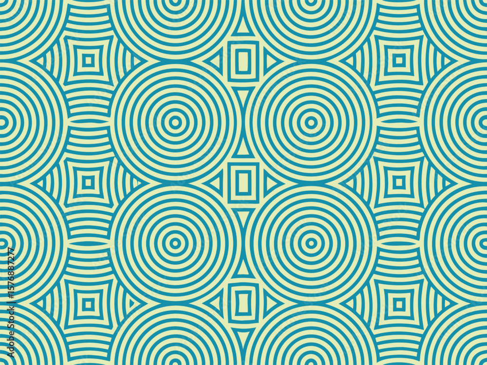 Poster teal and cream seamless pattern with concentric circles and geometric square shapes repeating.