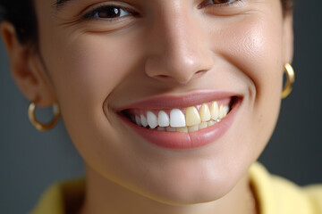 Obraz premium Woman Smiling Showing Dental Veneer and Natural Tooth Color Difference