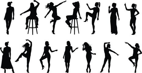Silhouette women dancing sitting standing pose collection, cad drawing flat vector illustration, female figure sketch template, artistic fashion layout