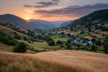 Obraz premium experience breathtaking beauty of sunsets over rural landscapes in eastern europe showcasing vibrant array of