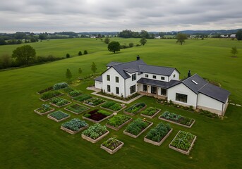 Modern Farmhouse with Expansive Vegetable Garden, Aerial View