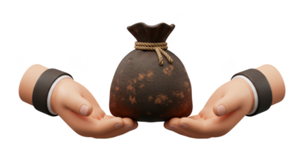 3D Hands Presenting Dark Money Bag Transparent Background