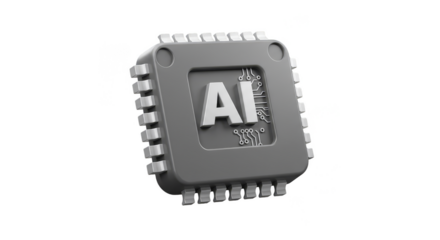 3d Gray AI Microchip CPU Processor on Transparent Background