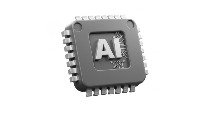3d Gray AI Microchip CPU Processor on Transparent Background