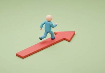 Dynamic 3D character running on an upward arrow, illustrating strategic progress and business success.