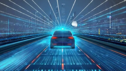 Autonomous vehicle speeding on futuristic highway